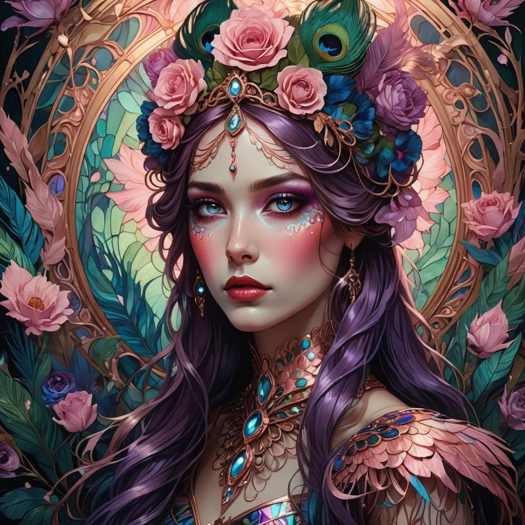 Dark Fantasy Woman with Peacock Feather Hair