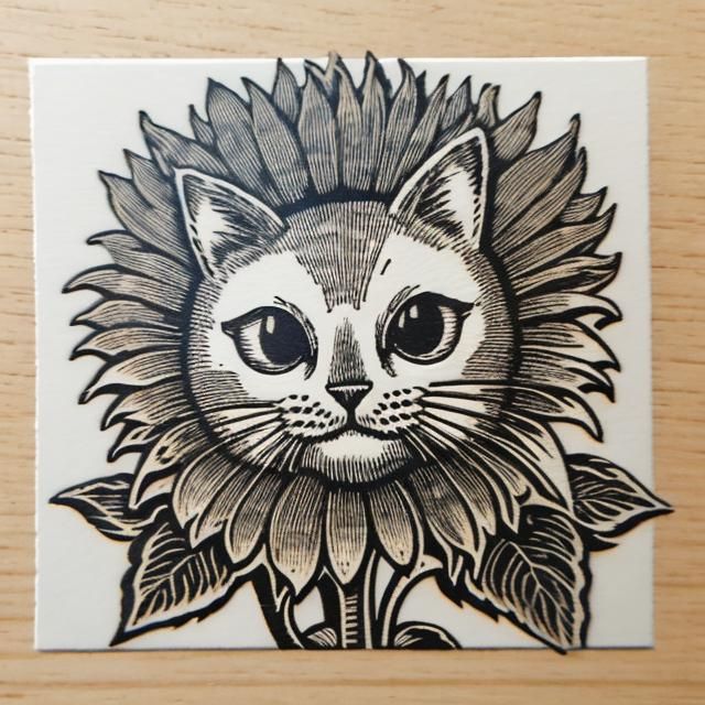 Sunflower Cat Woodcut Stamp Art