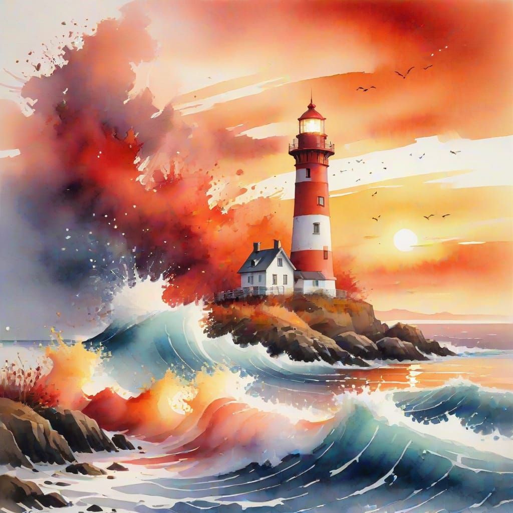 Surreal Autumn Sunset Lighthouse Over Churning Oceans in Vib...
