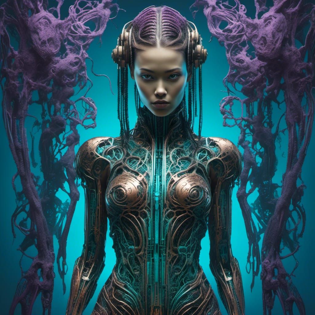 Cyborg Goddess in Neon Sanskrit Gradient Dress, Giger Style