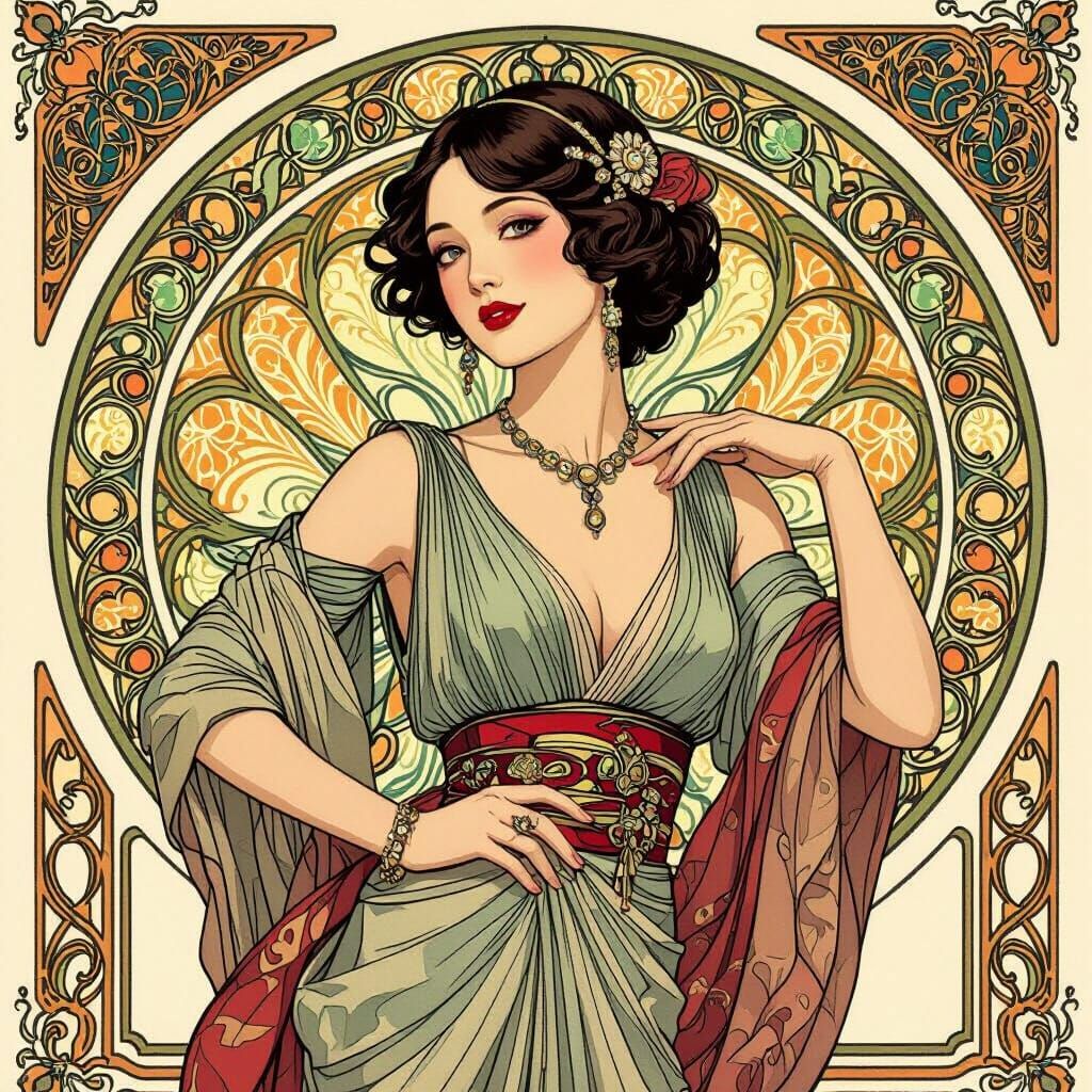 Elegant Woman in Luxurious Setting, Art Nouveau & Futuristic...