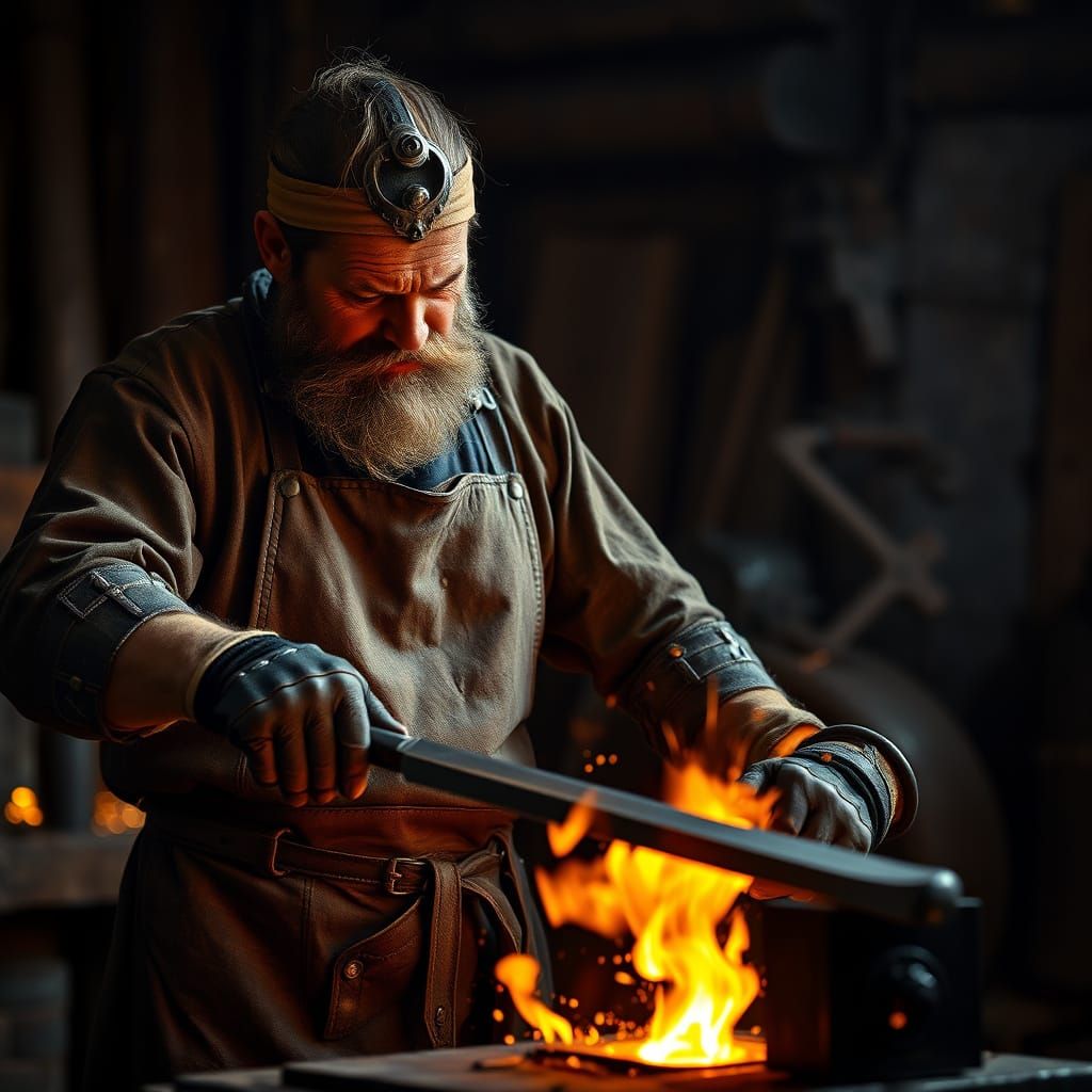 Medieval Blacksmith Forging Saber in Fiery Forge