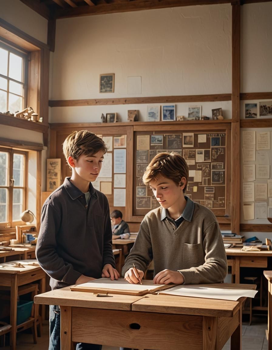 Boys Presenting Wooden Model in Classroom: Realism Photograp...