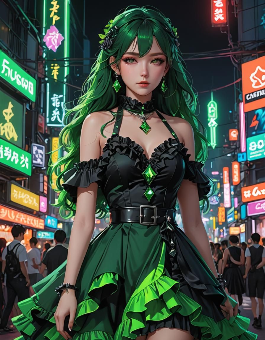 Green Gothic Dress in Neon Anime Style