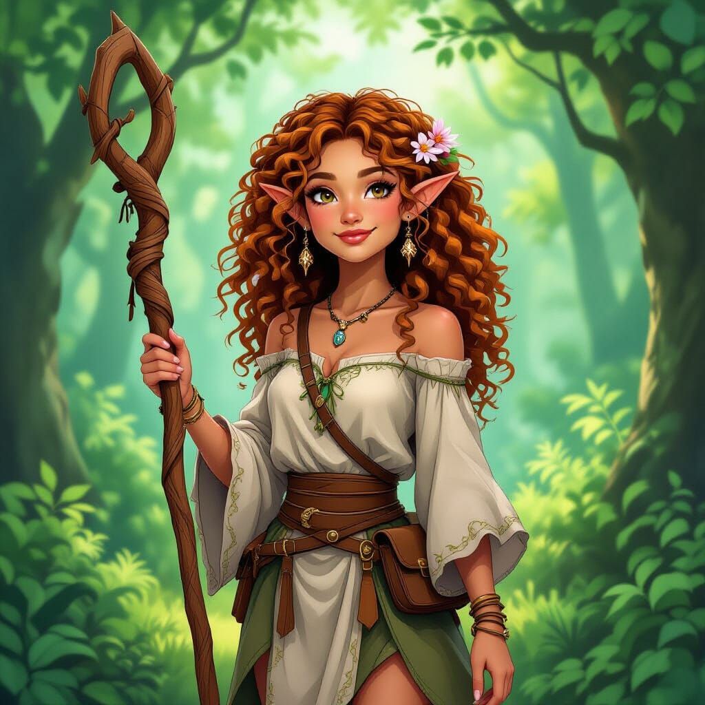 Joyful Half-Elf in Lush Forest, Art Nouveau Style