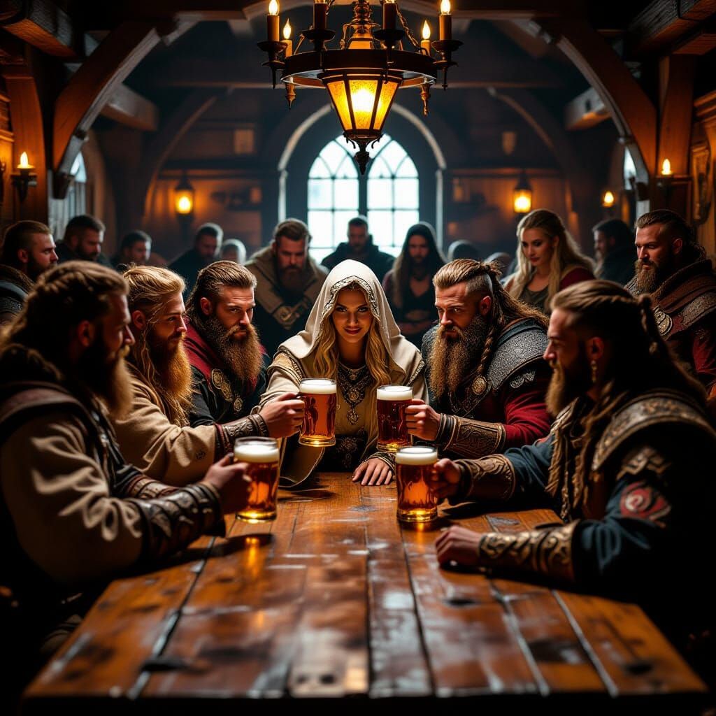 Medieval Fantasy Characters Celebrate in Bustling Tavern