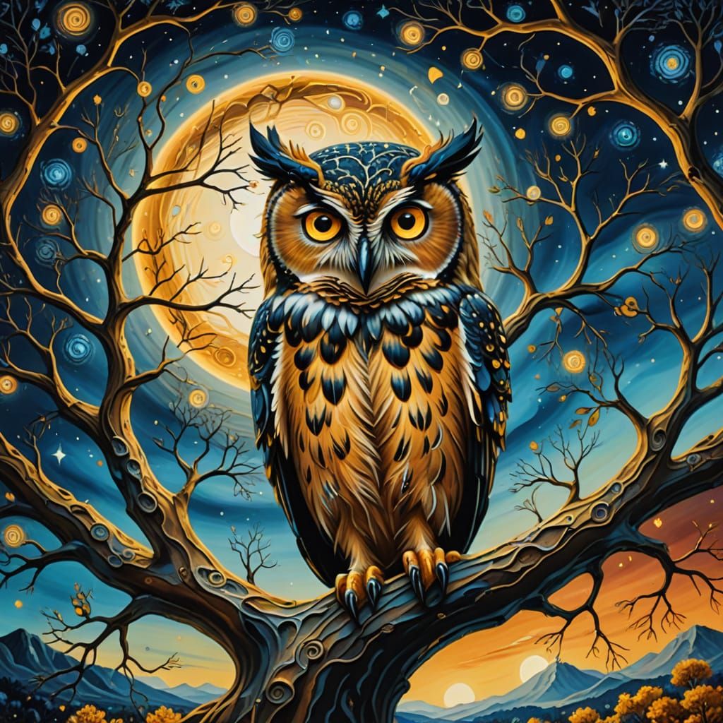 Surreal Tree of Life and Owl Oil Painting