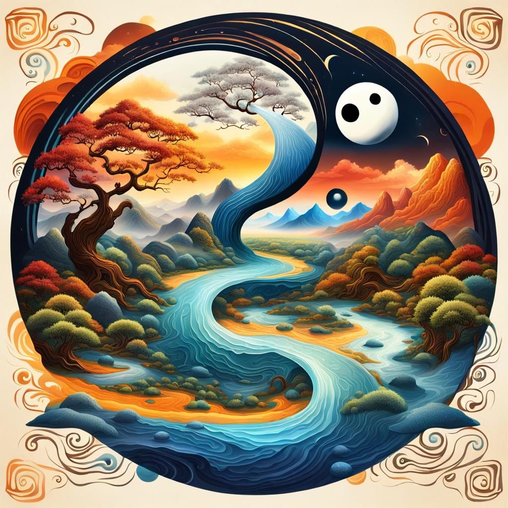 Surreal Yin-Yang Landscape of Contrasting Realms