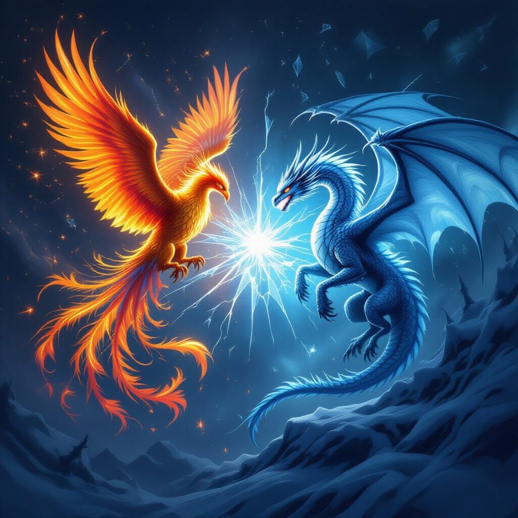 Phoenix and Dragon Clash in Light and Ice