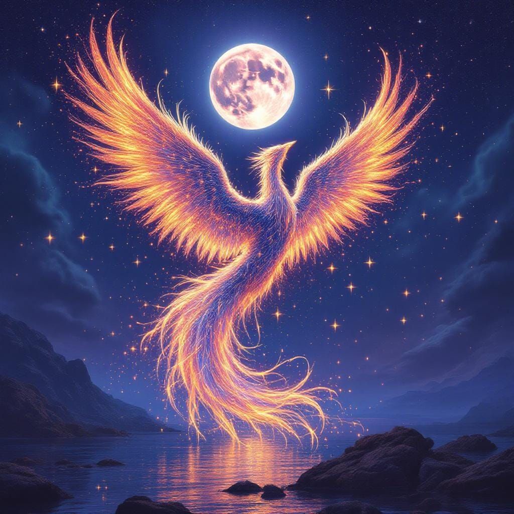 Water Phoenix Soaring Over Moonlit Lake in Surreal Style