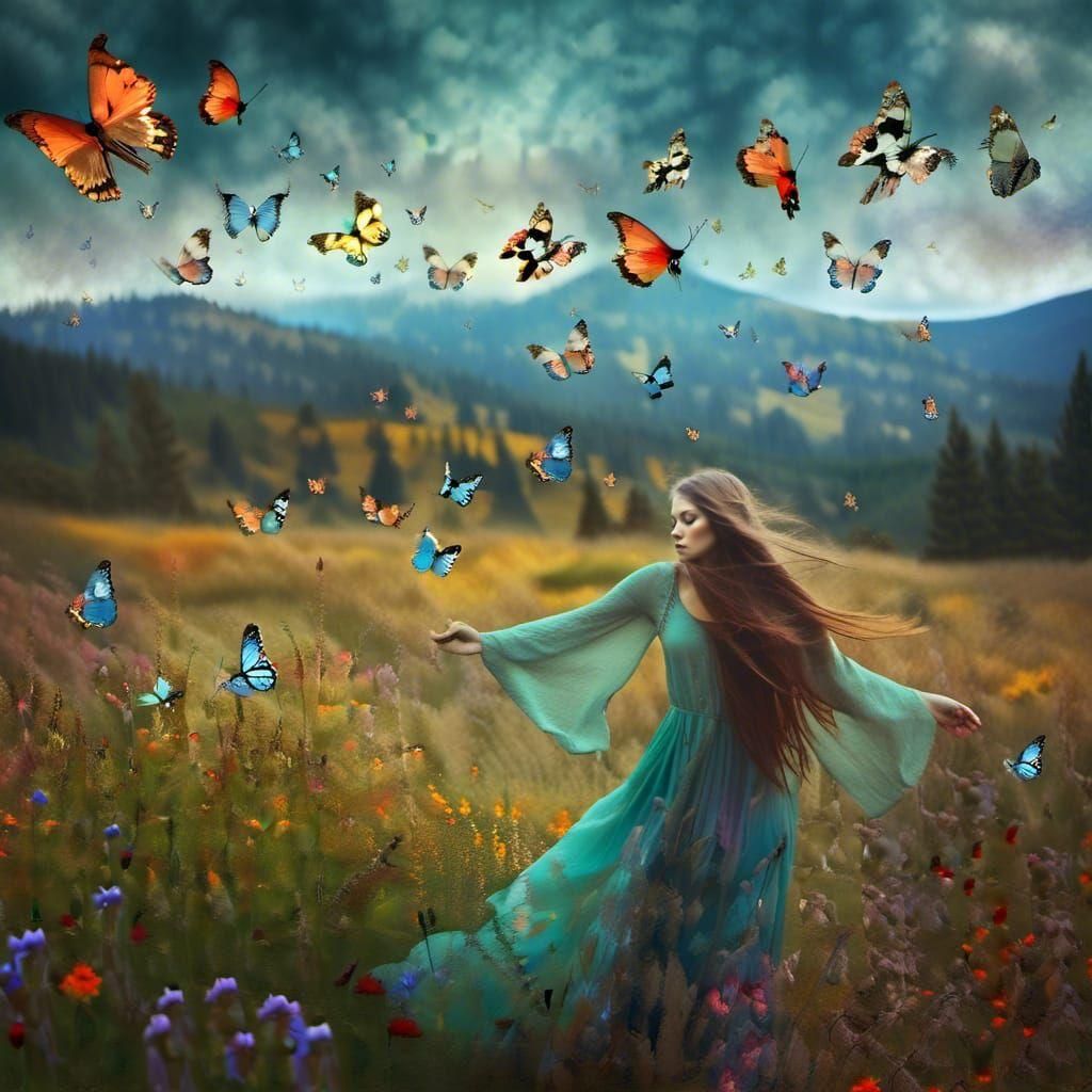 Surreal Bohemian Woman in Dreamy Landscape