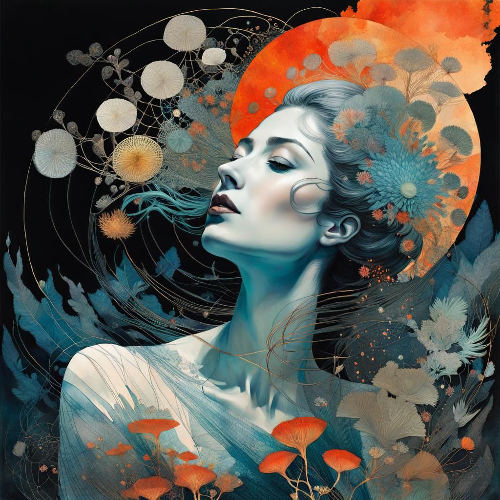 Floral Double Exposure Woman Portrait in Watercolor Style