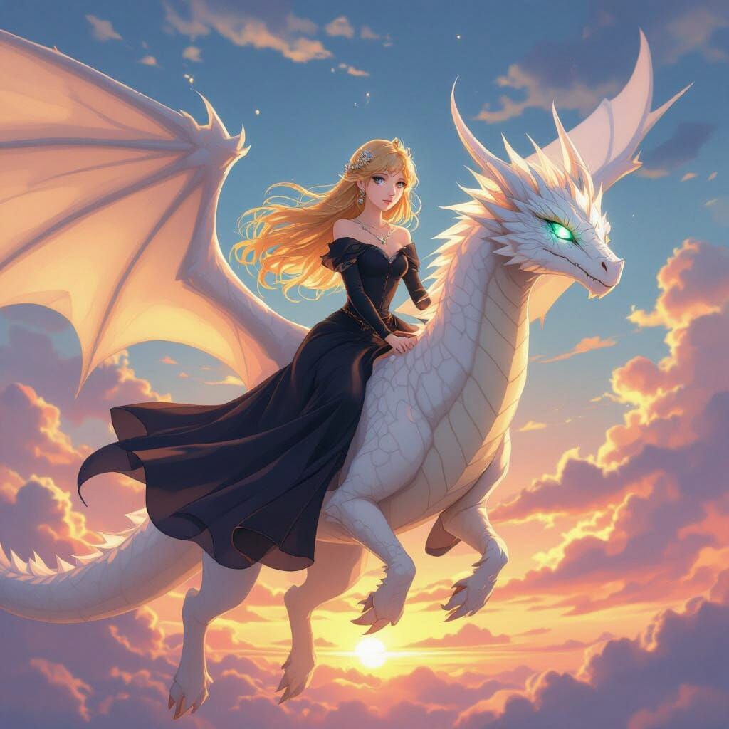 Princess Rides Dragon Across Sunset Sky