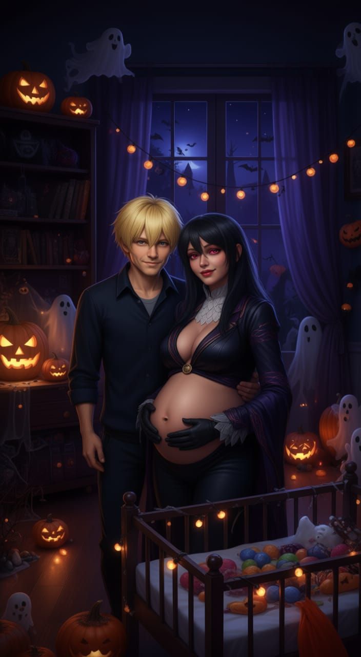 Hyperrealistic Pregnant Nya and Husband on Halloween Night