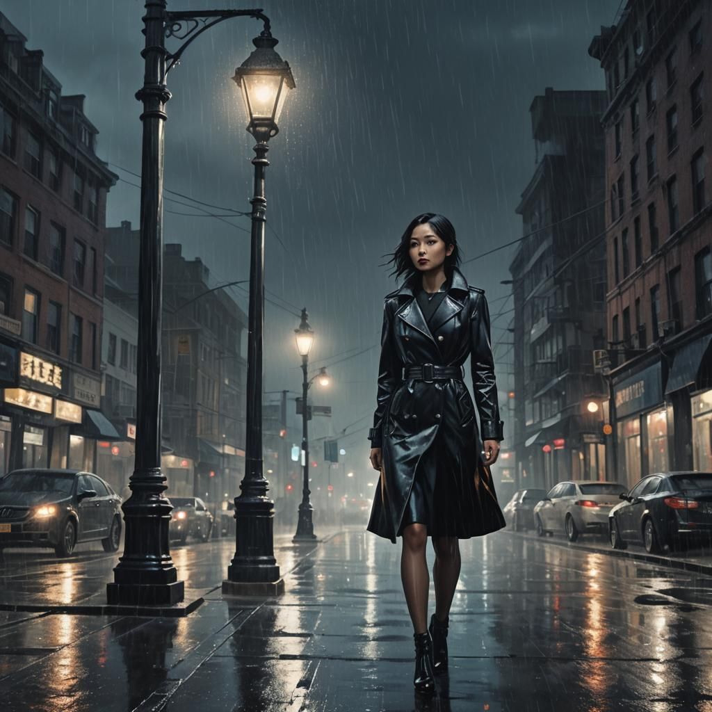 Gothic Noir Woman in Rainy Cityscape