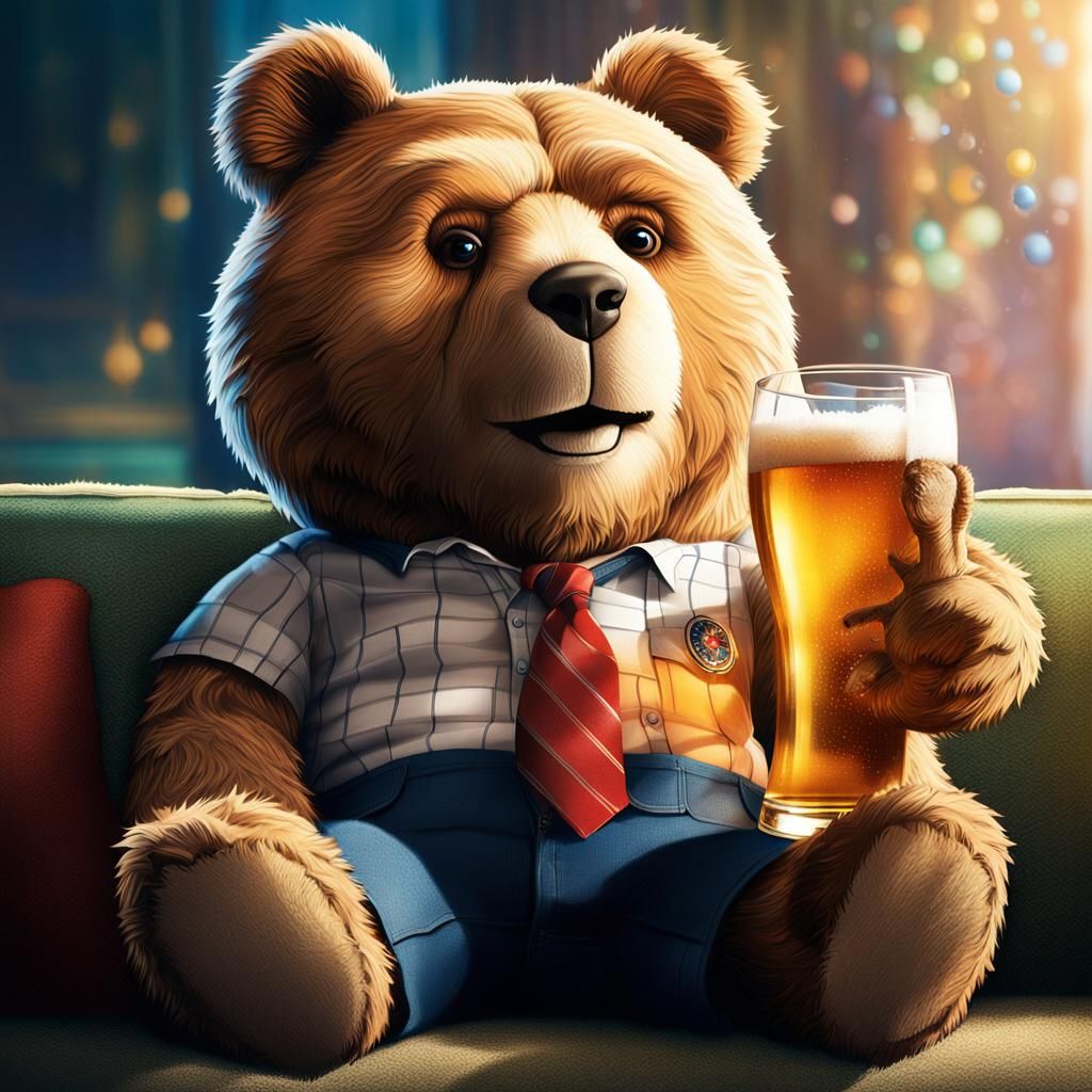 Hyperrealistic Ted the Teddybear Drinking Beer