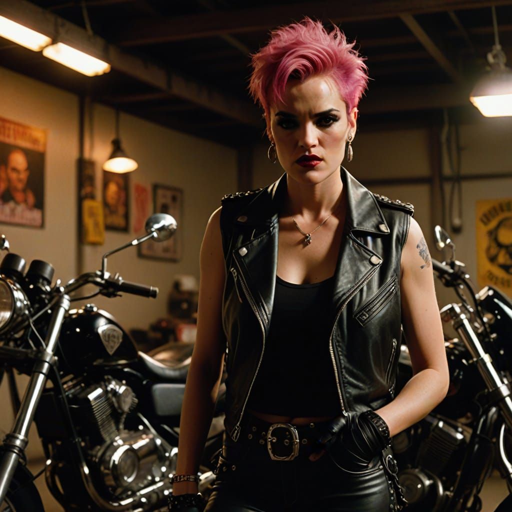 Sultry Punk Biker Lady in Moody Motorcycle Garage
