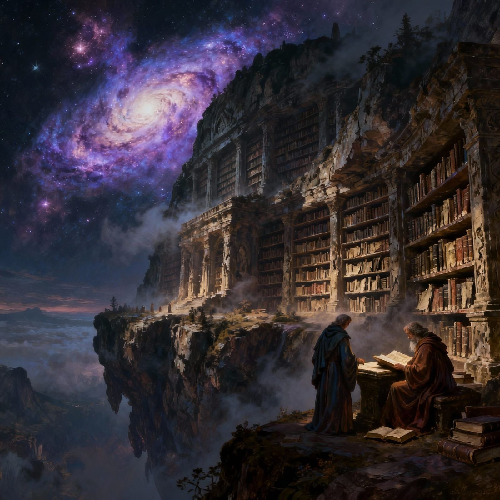 Ancient Library on Floating Island Under Nebula Glow