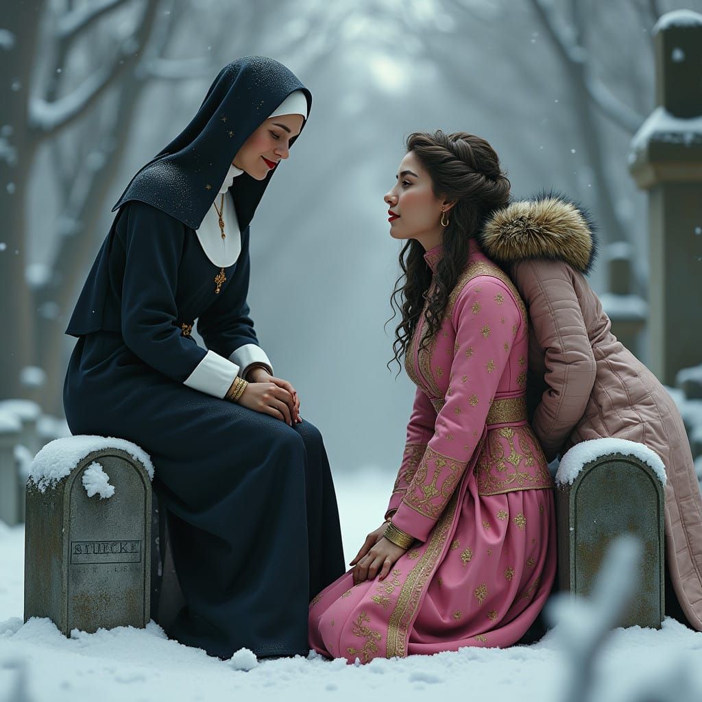 Amused Women in Winter Scene with Humble Figure