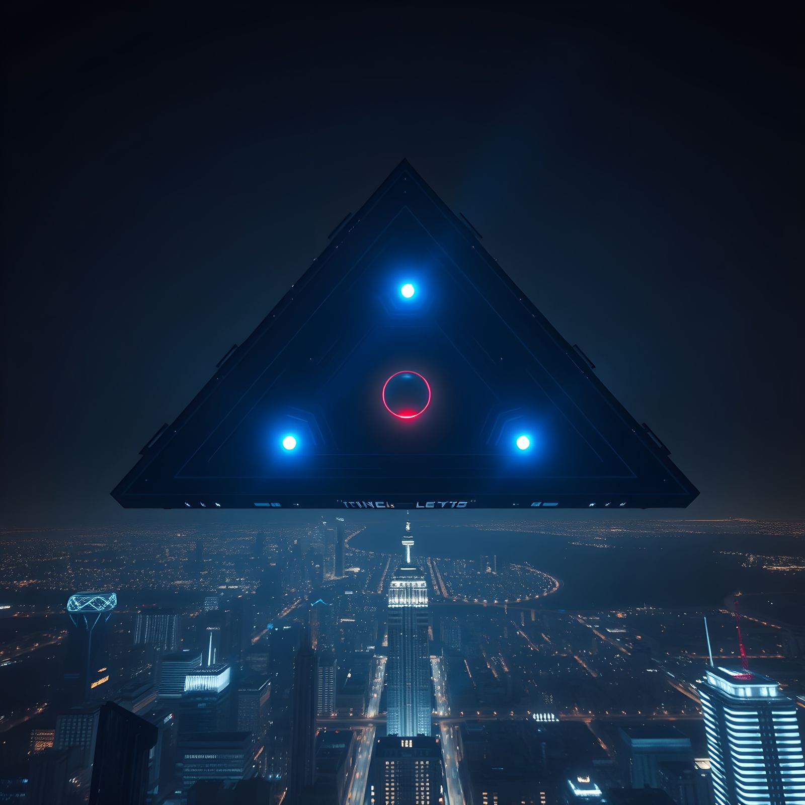 Black Triangle UFO Over City at Night