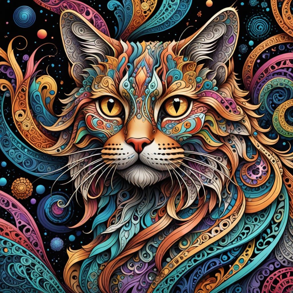Hyperrealistic Zentangle Portrait of a Majestic Feline in Vi...