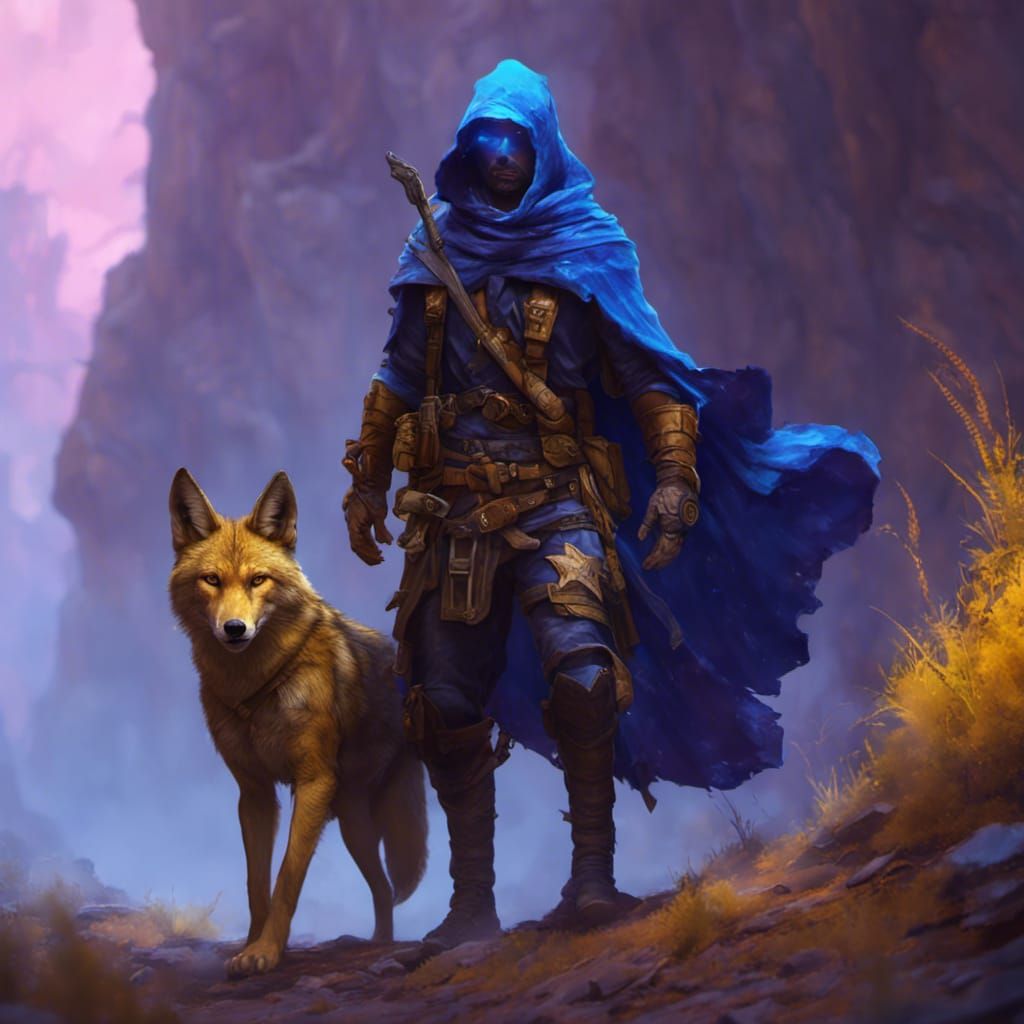 Blue Ranger and Coyote Companion, Fantasy Art