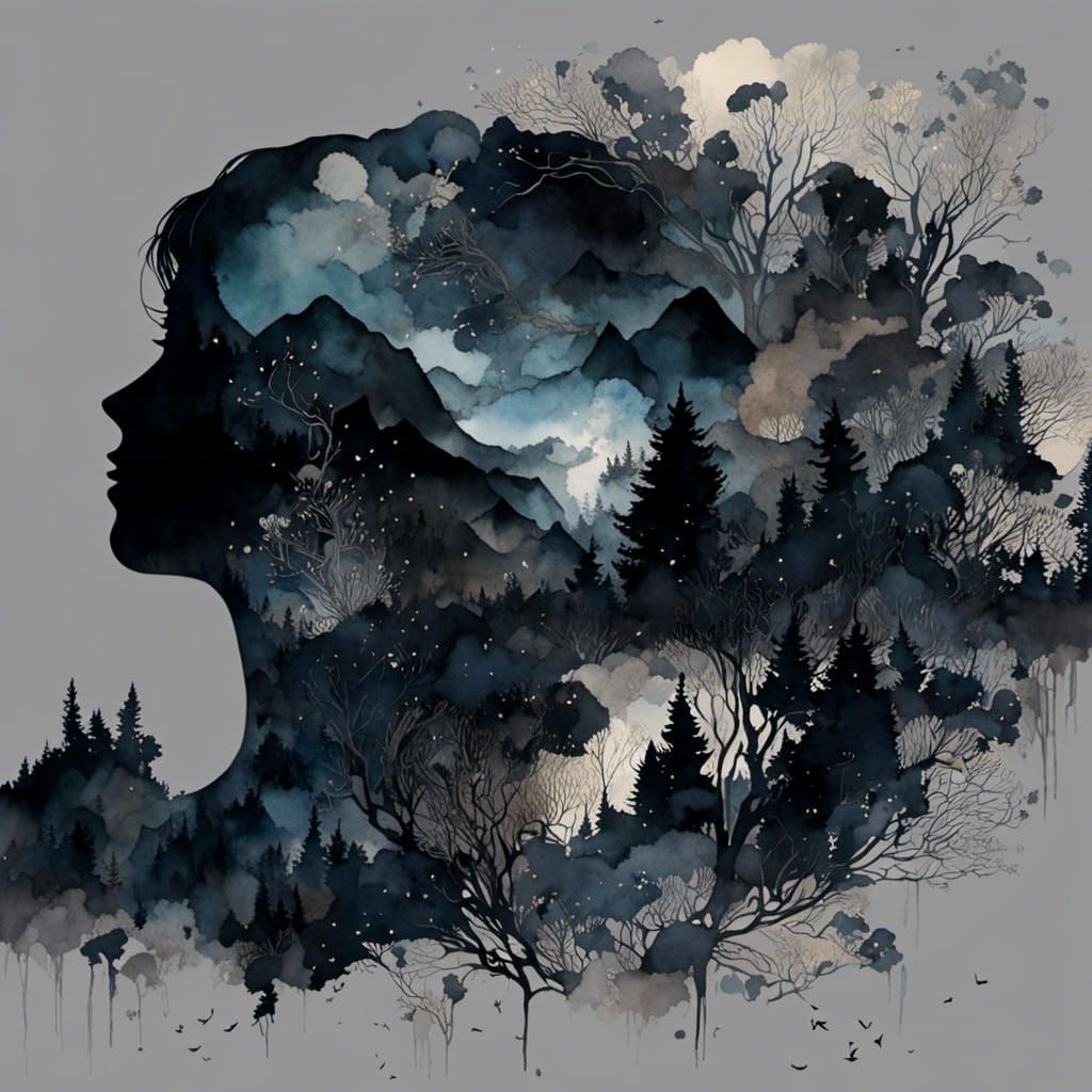 Surreal Double Exposure Silhouette and Landscape