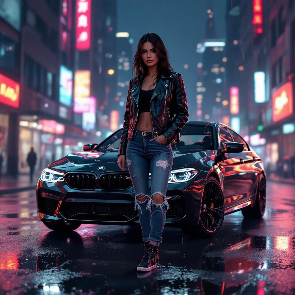 Night City: Woman and BMW in Neon Lights