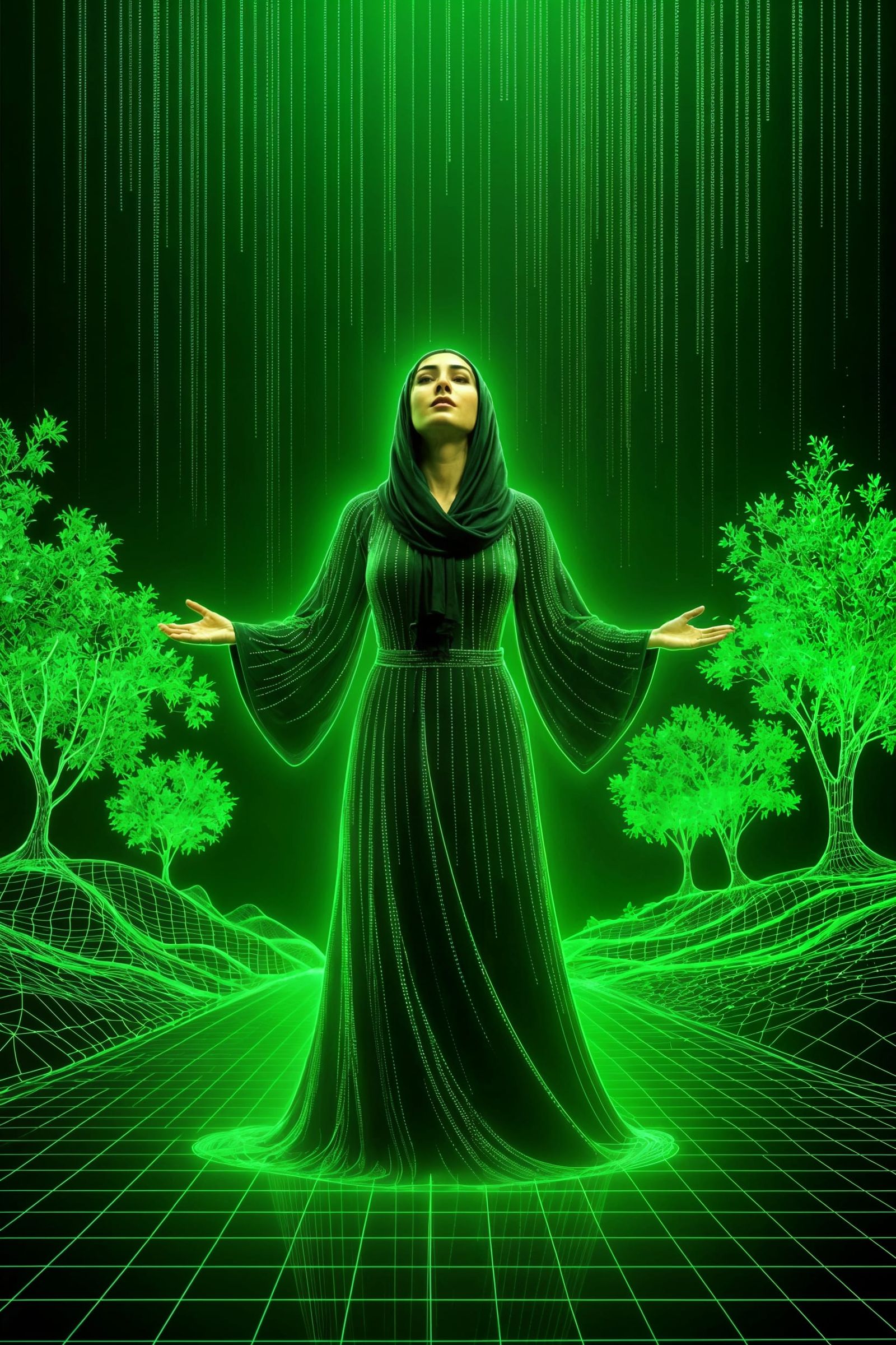 Palestinian Woman of Binary Code in Cyberpunk Landscape