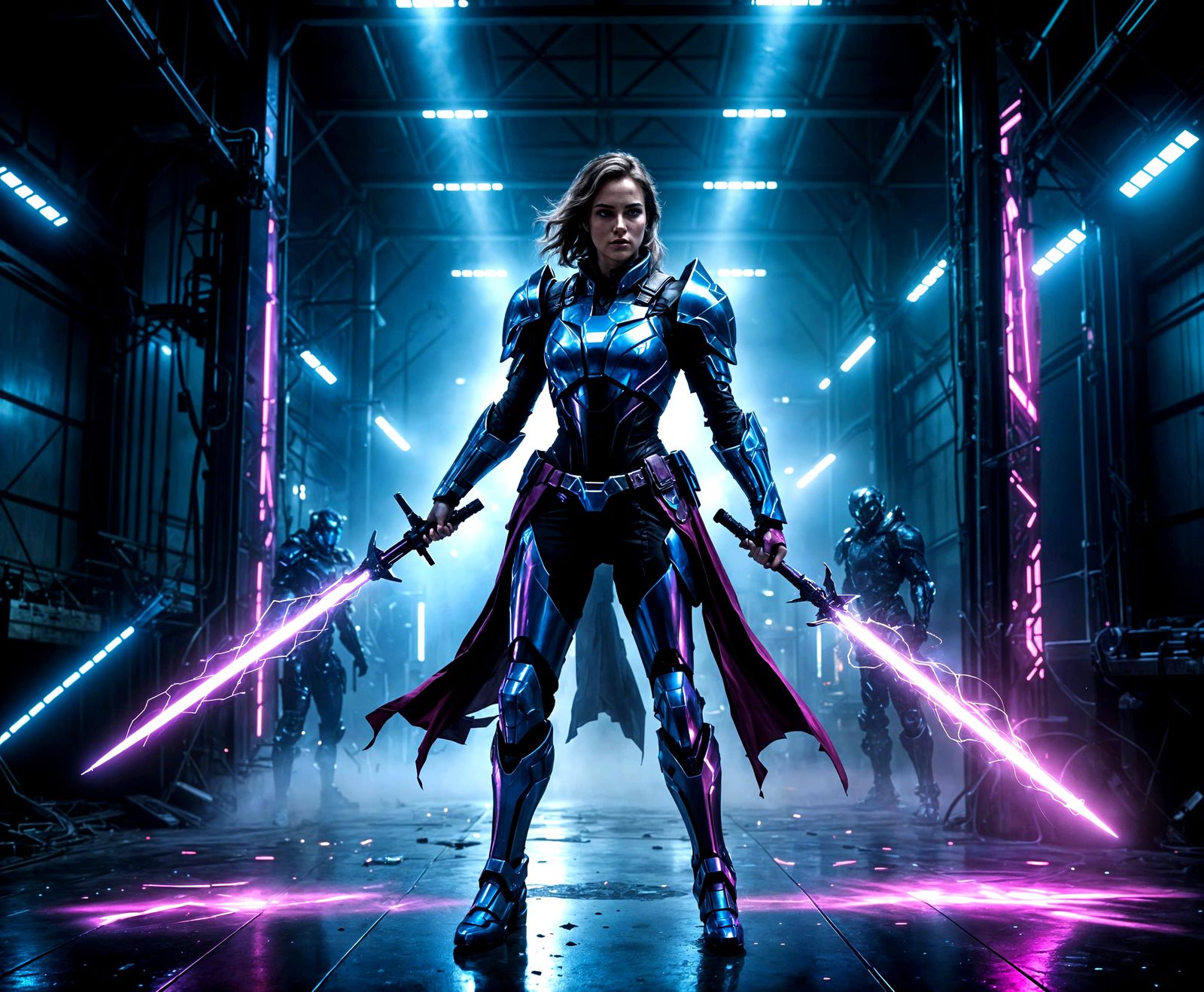 Futuristic Warrior with Energy Blades in Moody Hangar