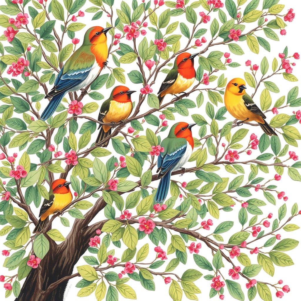 Whimsical Songbirds in Lush Green Tree