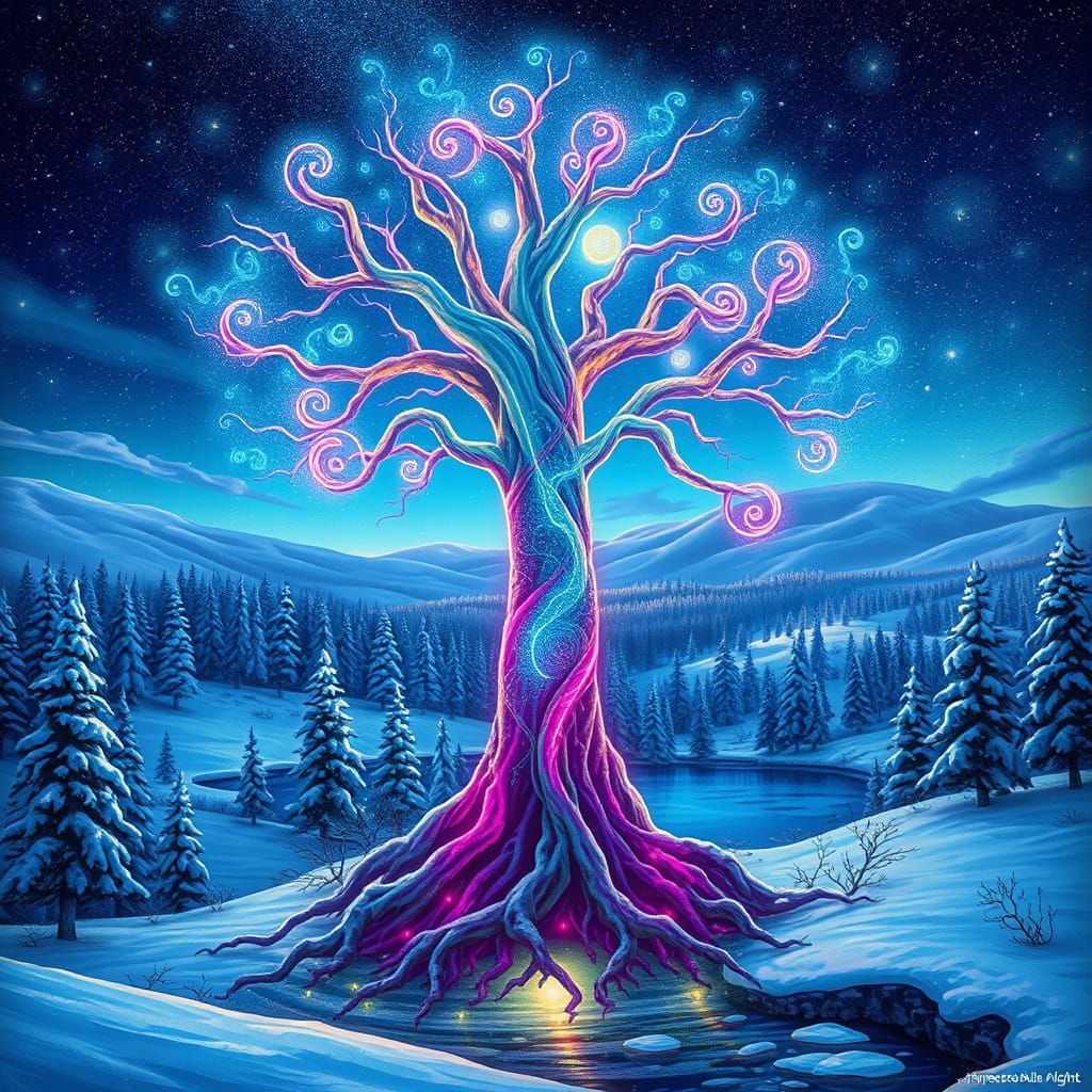 Cosmic Neon Tree in Winter Wonderland