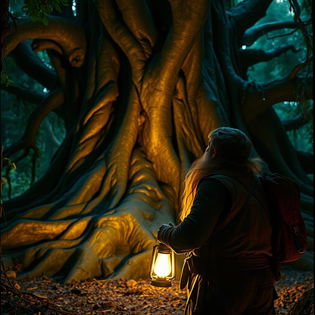 Dwarf Prospector and Ancient Tree in Hidden Grove