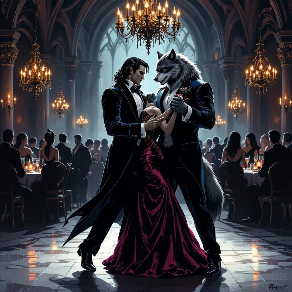Vampire and Werewolf Dance in Gothic Ballroom