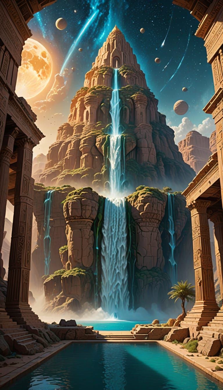 Gravity-Defying Waterfall Flowing Upward to Starry Sky