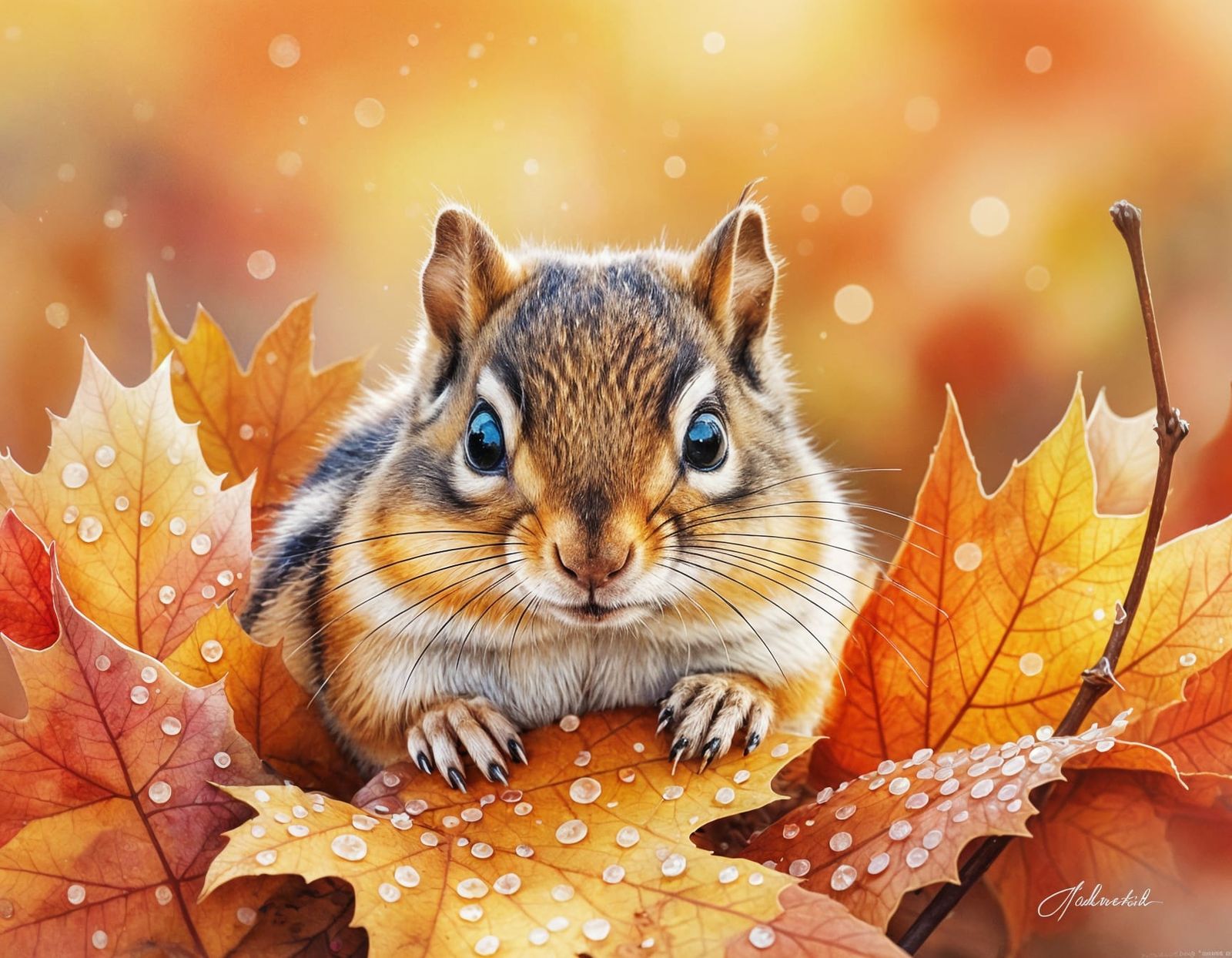 Chubby Chipmunk Peeking from Autumn Leaf in Watercolor Style
