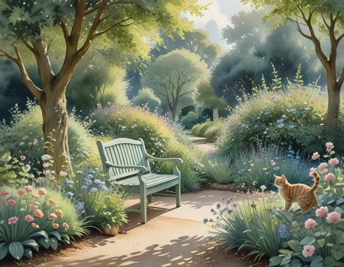 Whimsical Watercolor English Garden Scene with Cats