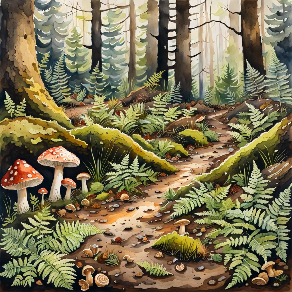 Detailed Forest Floor Watercolor with Ferns and Mushrooms