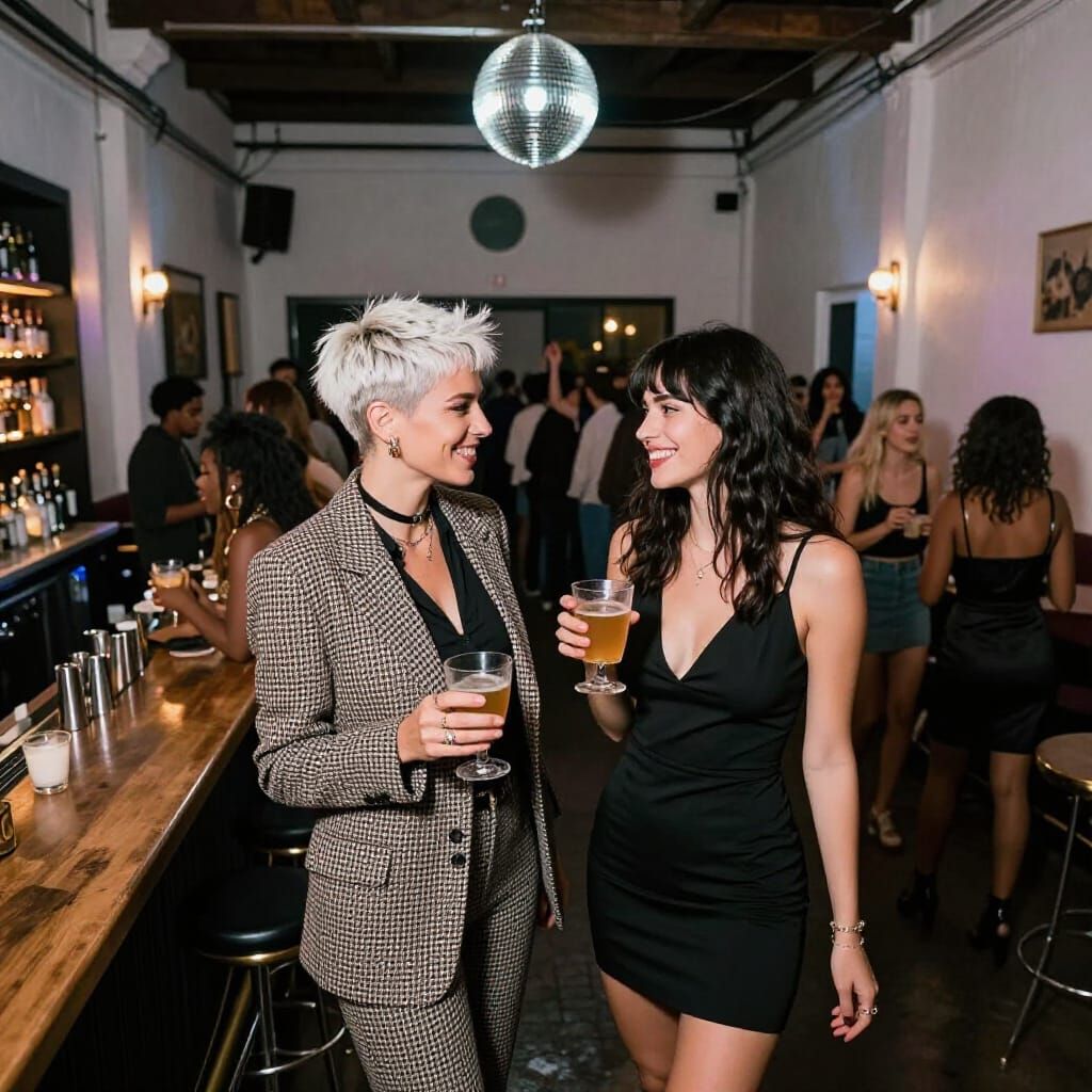 Nightclub Scene: Two Women Enjoying Drinks in a Warehouse Ba...