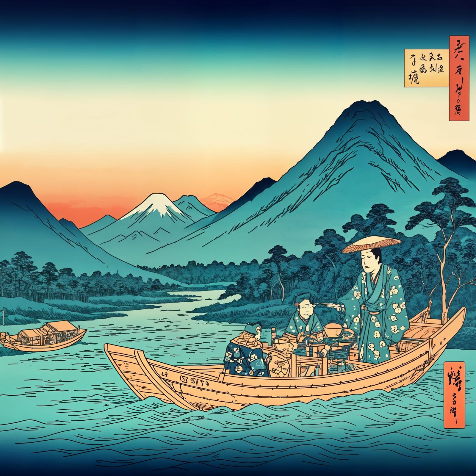 Riverboat Lunch in Ukiyo-e Style, 17th Century Japan