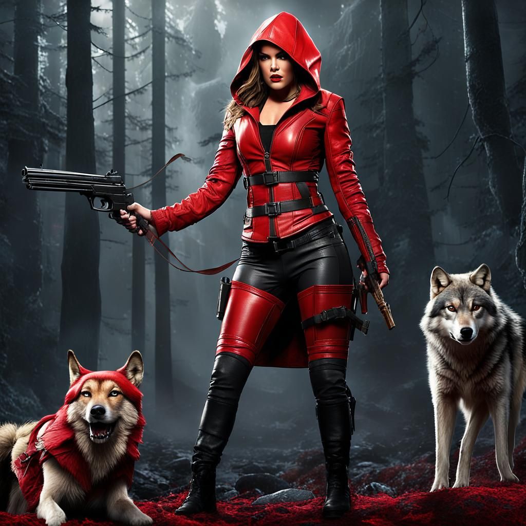 Red Leather-Clad Heroine with Wolf: Cinematic Action