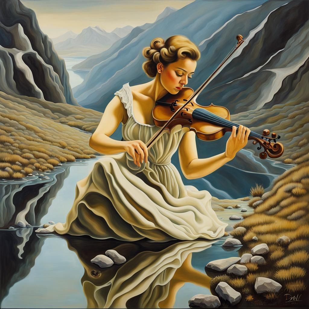 Surreal Alps Reflection with Fiddle Player