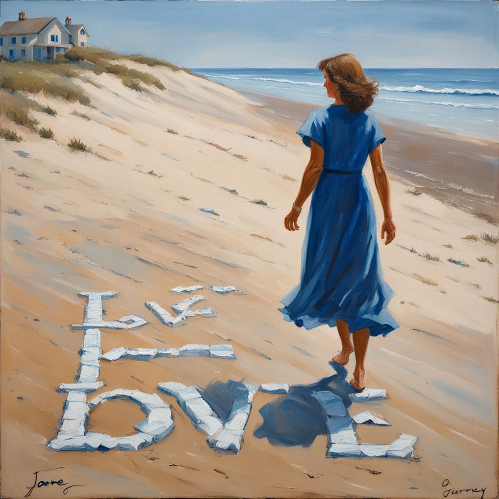 Woman Finds Love on Beach: Oil Painting