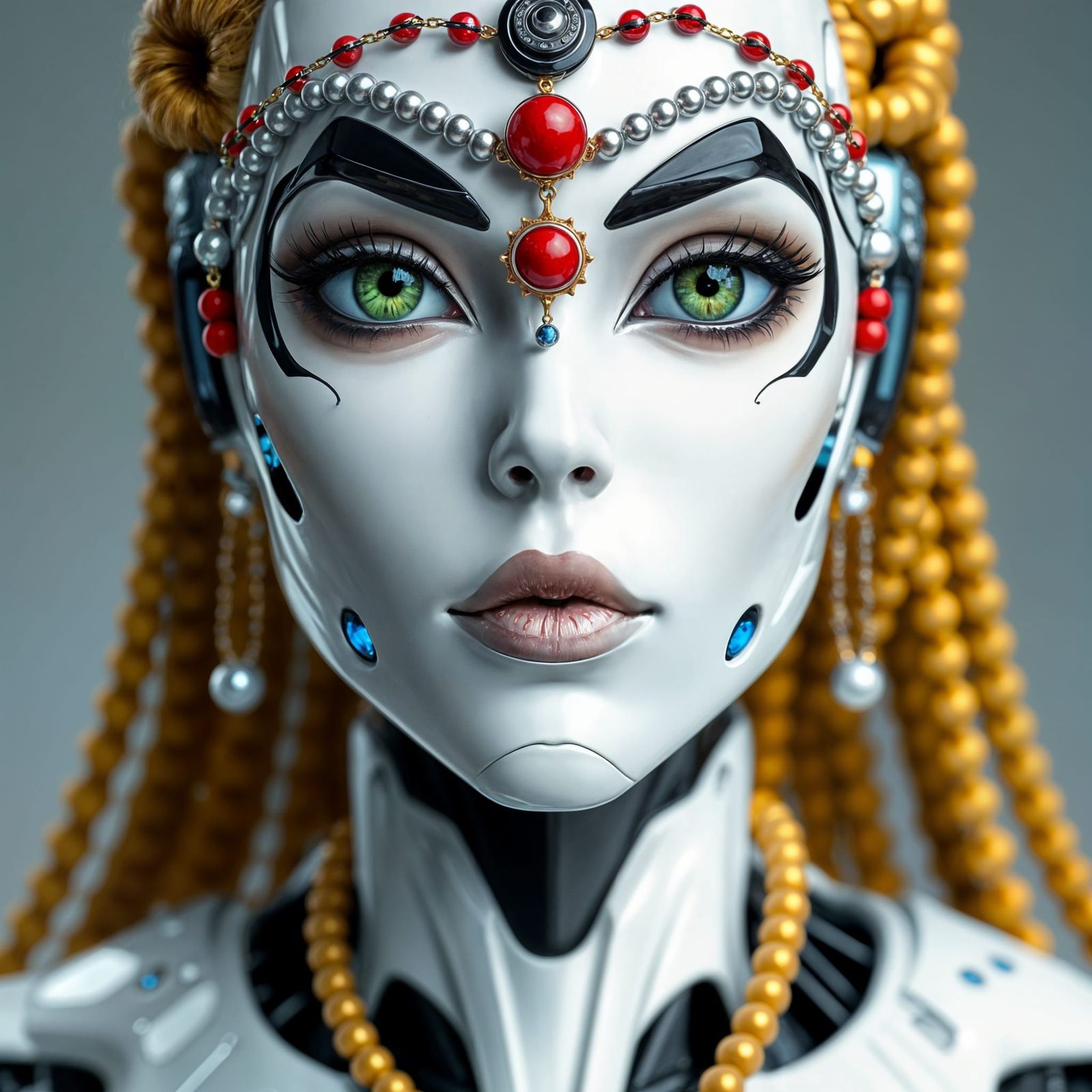 Striking Female Robot with Golden Braids, Digital Art