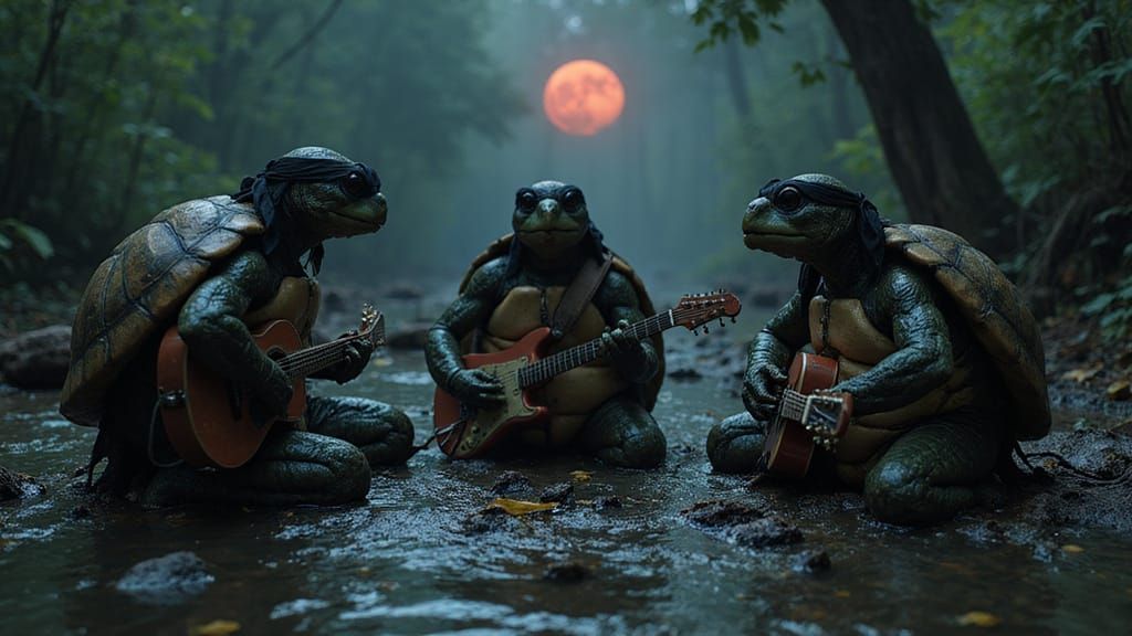 Emo Turtles Band Performing in Dimly Lit Swamp