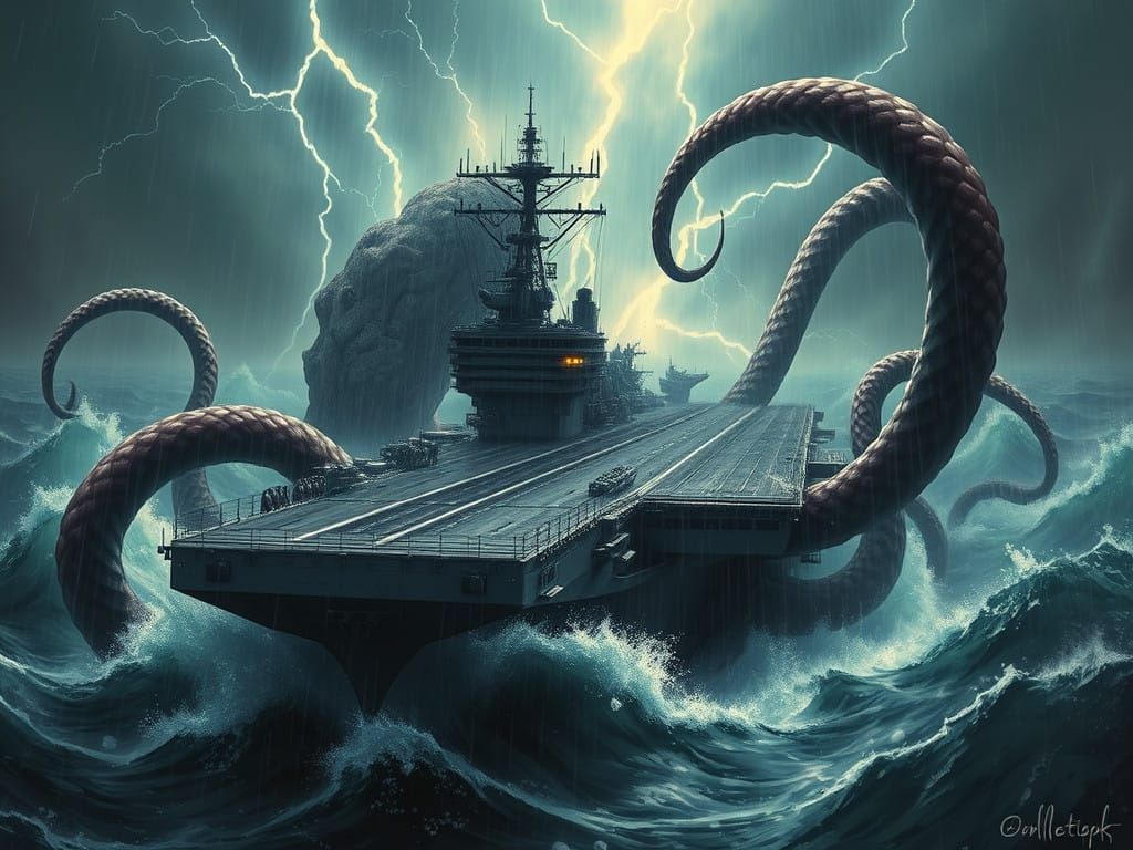 Massive Aircraft Carrier Engulfed by Colossal Kraken in Turb...