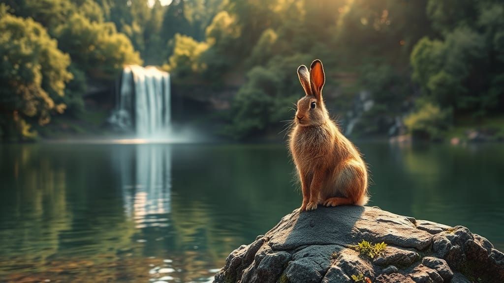 Summer Landscape with Waterfall and Hare in 4K