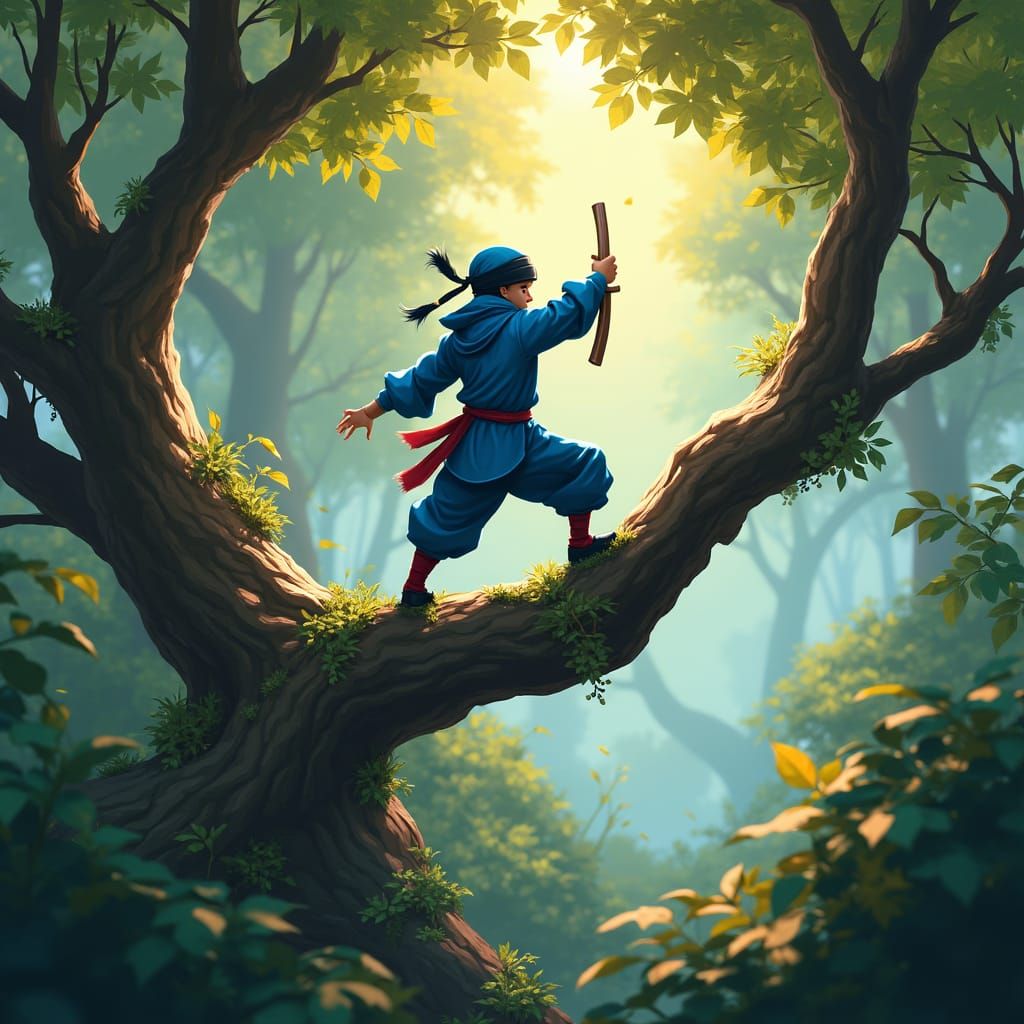 Ninja in Blue, Forest Scene in Matte Painting Style