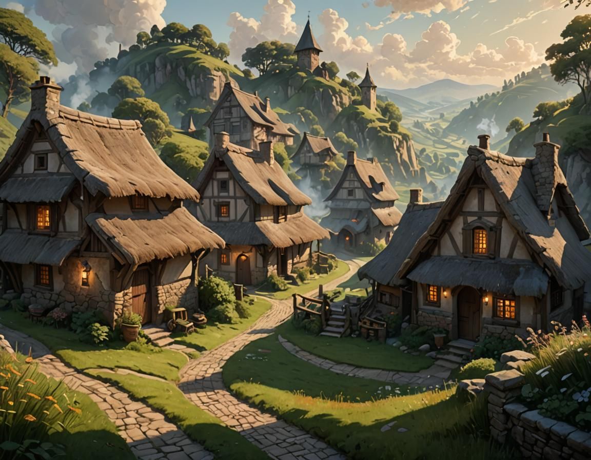 Ethereal Rustic Village Scene with Dramatic Lighting