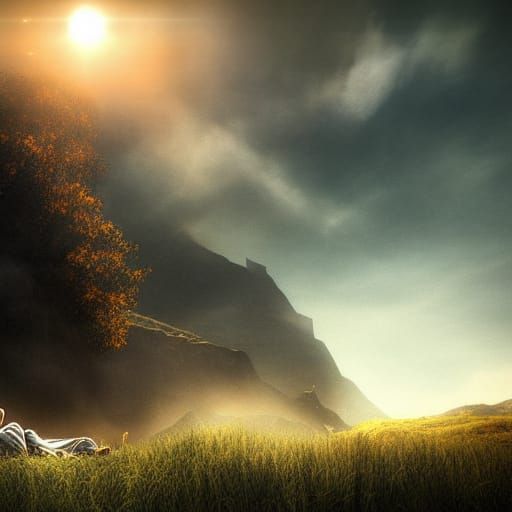 Peaceful Sleep in Golden Sunlight: Photorealistic Landscape